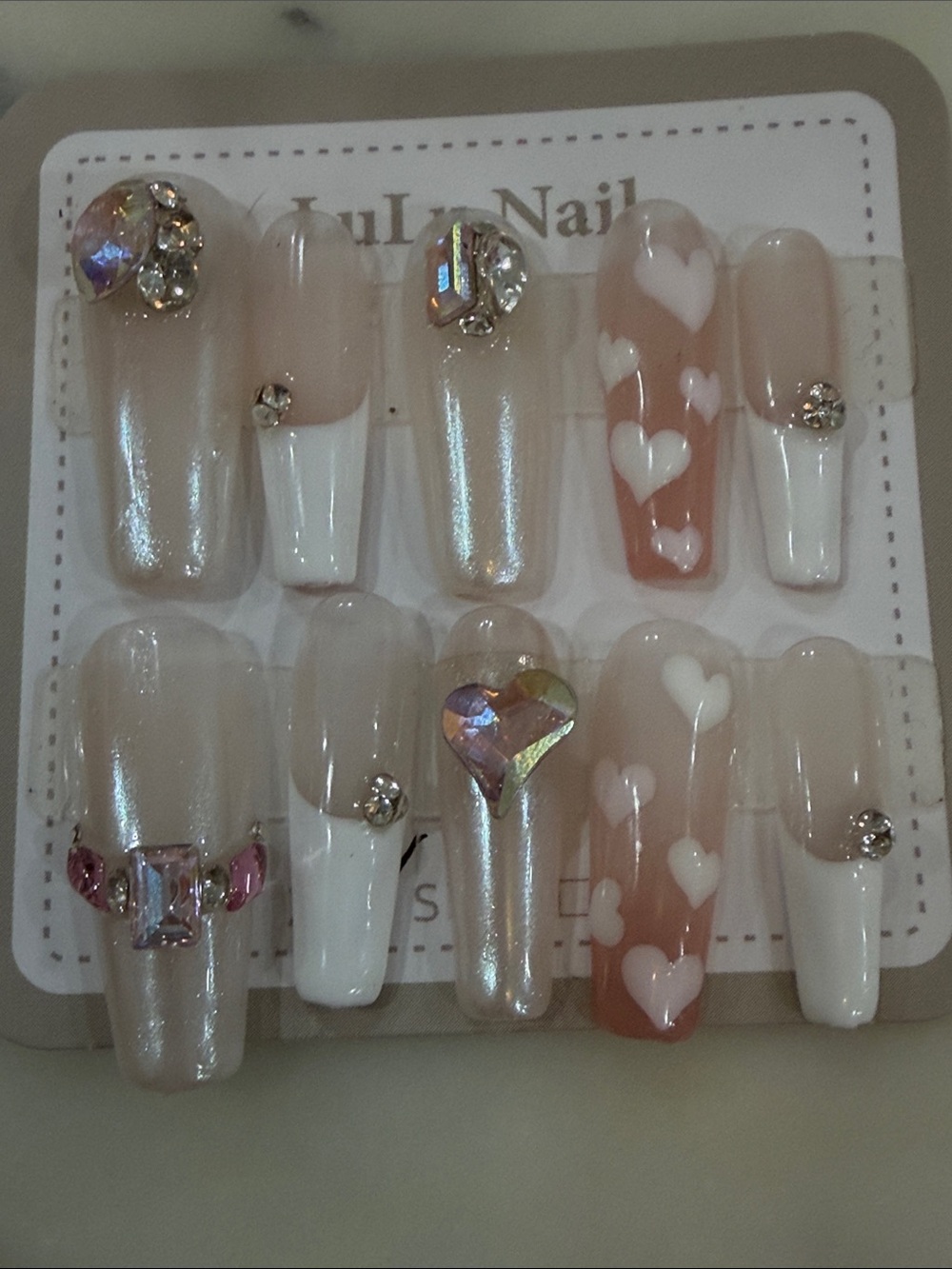 Romantic Pink & White Heart Press-On Nail Set with Jumbo Rhinestone Accents